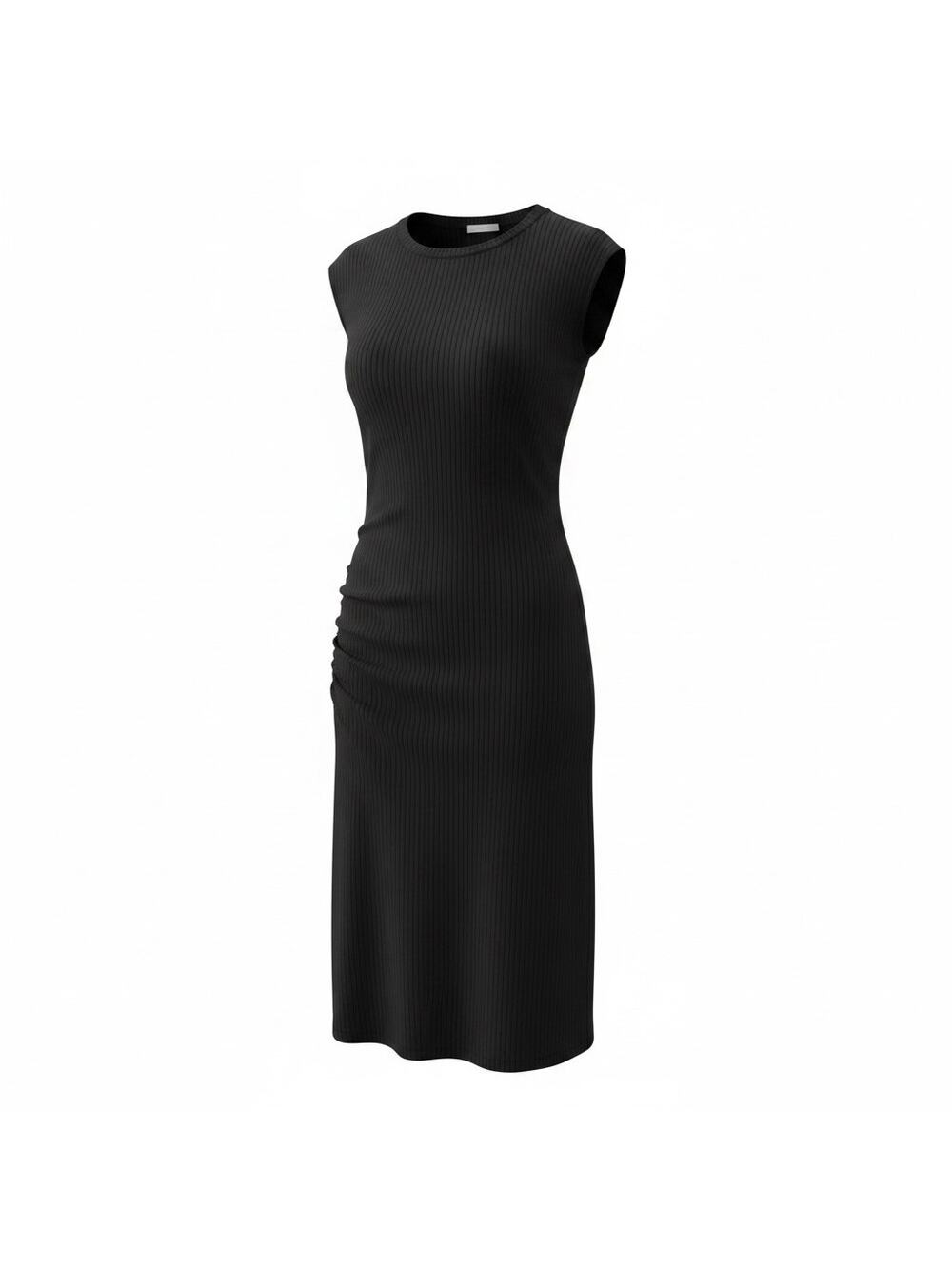 Zara Women Black Sleeveless Ribbed Texture Side Ruching Midi Dress Size XL